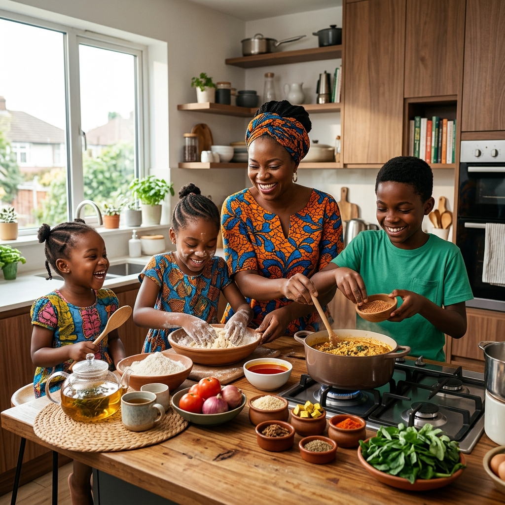 Nigerian family cooking with Simoyo products