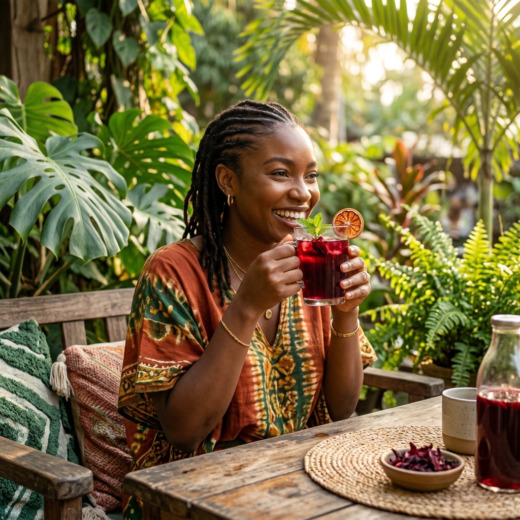 Woman enjoying Simoyo Zobo Tea